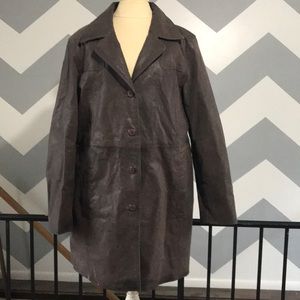 COMINT vintage brown leather mid length coat Dress trench mob wife